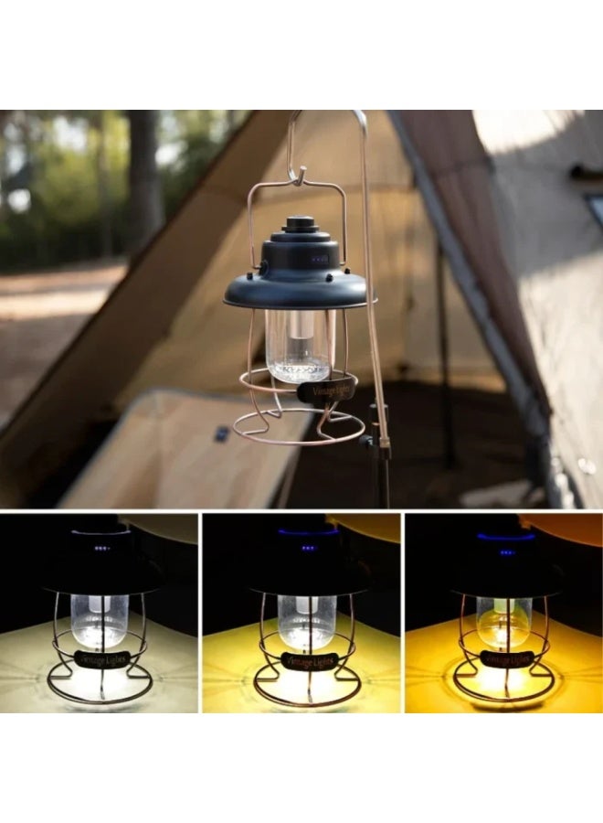 لايت فانوس تخييم عتيق قابل لإعادة الشحن - مصباح خيمة LED خارجي بثلاثة أوضاع مع مؤشر طاقة - فانوس معلق محمول مقاوم للعوامل الجوية للتخييم وحالات الطوارئ - Image 5